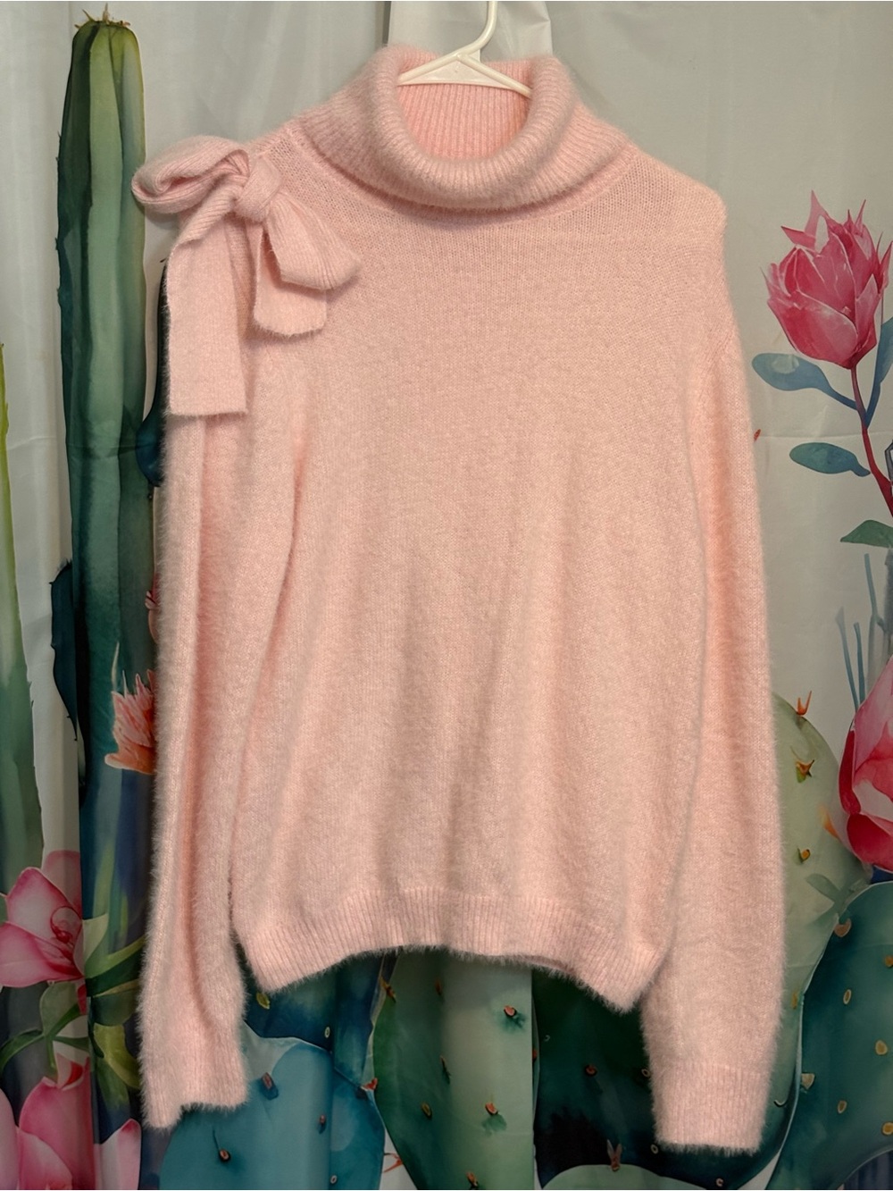 CHICNERY Women's Knit Solid Pink Turtleneck Long Sleeve Bow Pullover Sweater XL